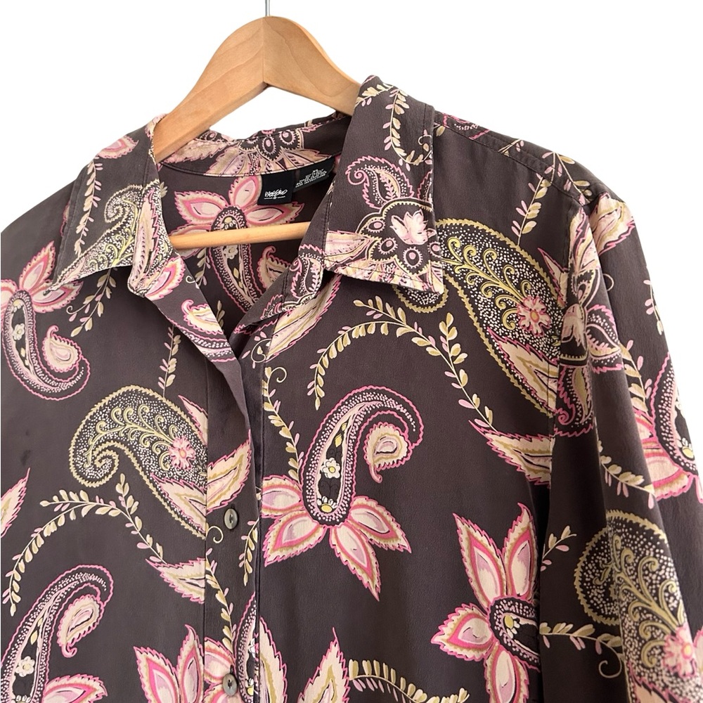 Mossimo Brown Paisley 100% Silk Button Down Shirt Mini Dress Size XL - Picture 5 of 8